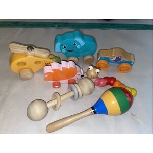 7 Wooden Toys Baby Toddler Pull Toys Wheels Rattle Caterpillar Helicopter Porcup